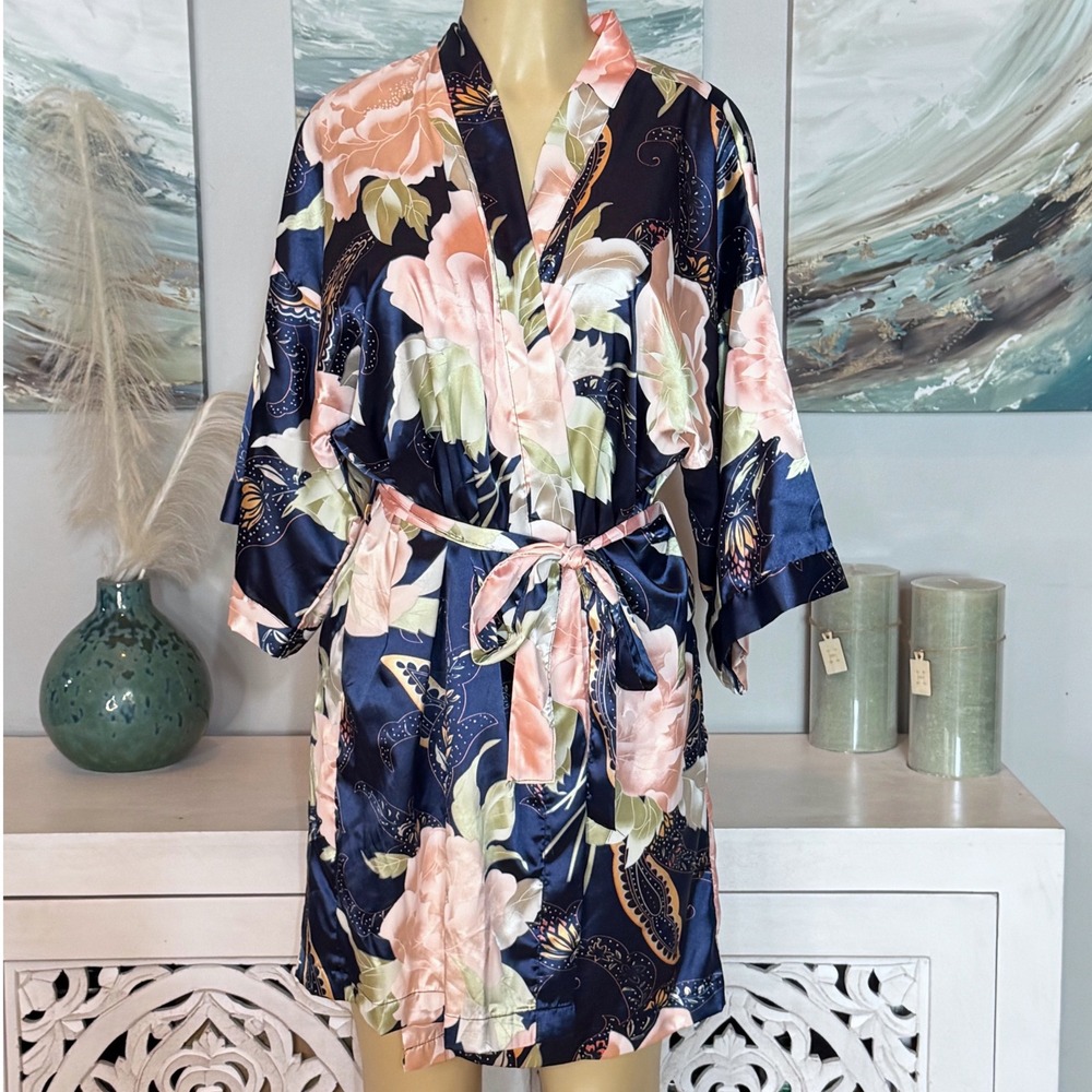 Navy Floral Butterfly Satin Kimono Robe Blush Pink Belted Wrap